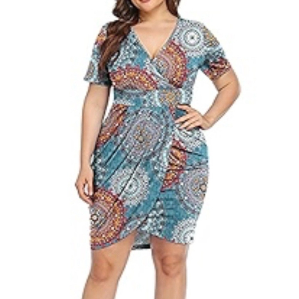 Poshshe Dress Plus Size 2XL‎ Stretchy Wrap Dress Blue With Medallion Pattern